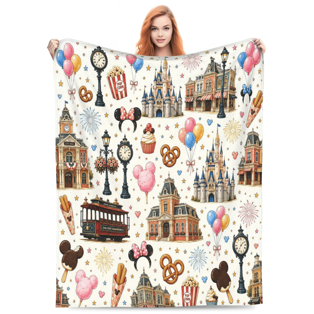 DISNEY CLASSIC [2026 New] Magic Park Main Street Flannel Throw Blanket,All-Over Print Castle Trolley Balloons Park Snacks Clock Lamp Post Fireworks Pastel Cute Cozy Fleece Blanket for Fan Gift - View 1