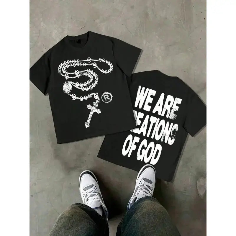 Men's Loose Fit Cross Necklace Print T-Shirt