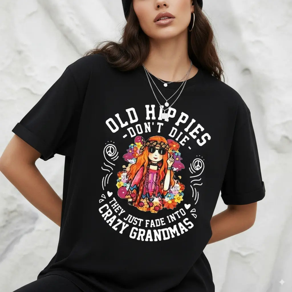 Hippie Graphic T-Shirt for Women in 100% Cotton, Casual Top with Floral Print, Peace Sign and 'Old Hippies Are Not Dead' Slogan, Women's Clothes, Alternative Style, Easy Tee For Daily Wear, Unisex Classic Fit