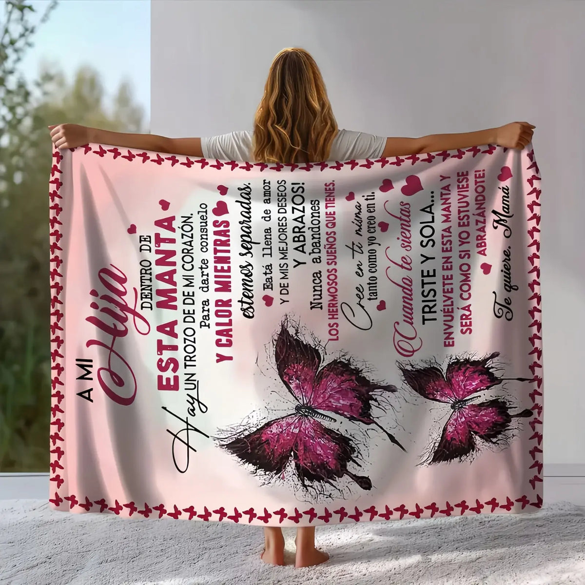Mama&Papa Inspirational Blanket for Daughters—the perfect graduation gift, birthday present, back-to-school gift, or Christmas present. Features pink butterfly embellishments and makes a lovely addition to your daughter’s bedroom.