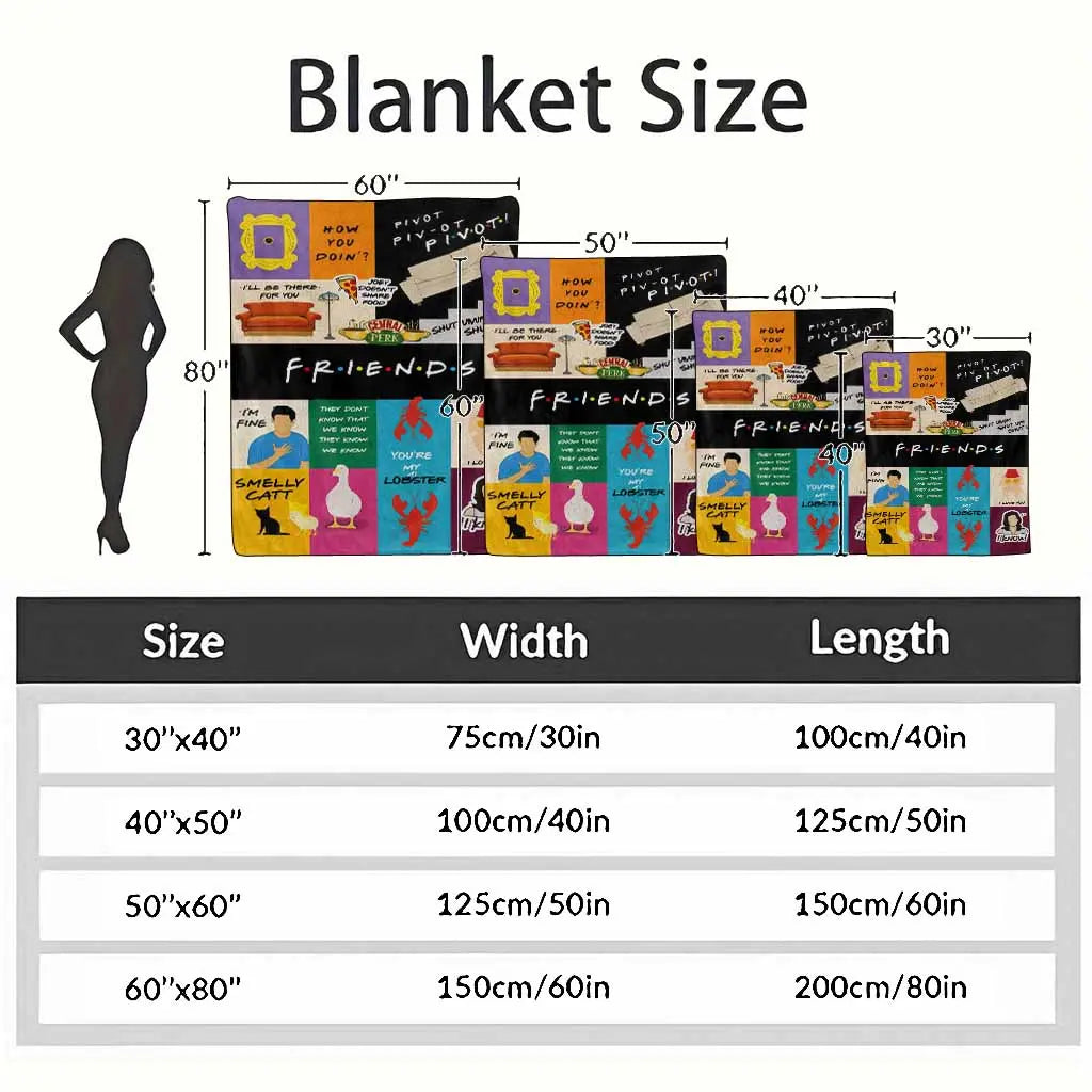 Friends TV Show Flannel Fabric Blanket - Soft, Warm, Fuzzy, Lightweight, Wrinkle Resistant, Anti-Pilling Throw with "You're My Lobster", Smelly Cat, Pivot Quotes & Central Perk Prints, 90s Sitcom Aesthetic, Indoor/Outdoor, Sofa Use, Best Friend Gift, Mult - View 4