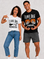 Men's Halloween Graphic Tees, Matching His Hers Funny Halloween Couple Costume Shirts, Pumpkin/Broom Design, 100% Cotton Classic Fit, Cold Wash Machine Washable