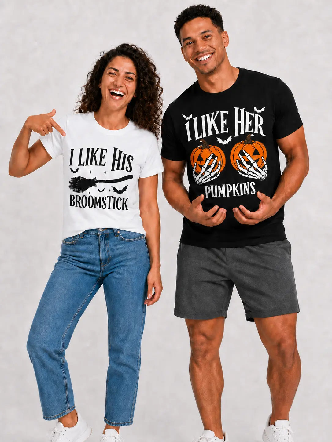Men's Halloween Graphic Tees, Matching His Hers Funny Halloween Couple Costume Shirts, Pumpkin/Broom Design, 100% Cotton Classic Fit, Cold Wash Machine Washable