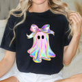 Women's Unisex-Cut Classic Oversized Cotton Crew Neck Halloween T-Shirt - Short Sleeve, Shiny Holographic Pastel Ghost & Big Bow Art Print, Machine Washable, All Seasons Whimsical Street Style Casual Tee