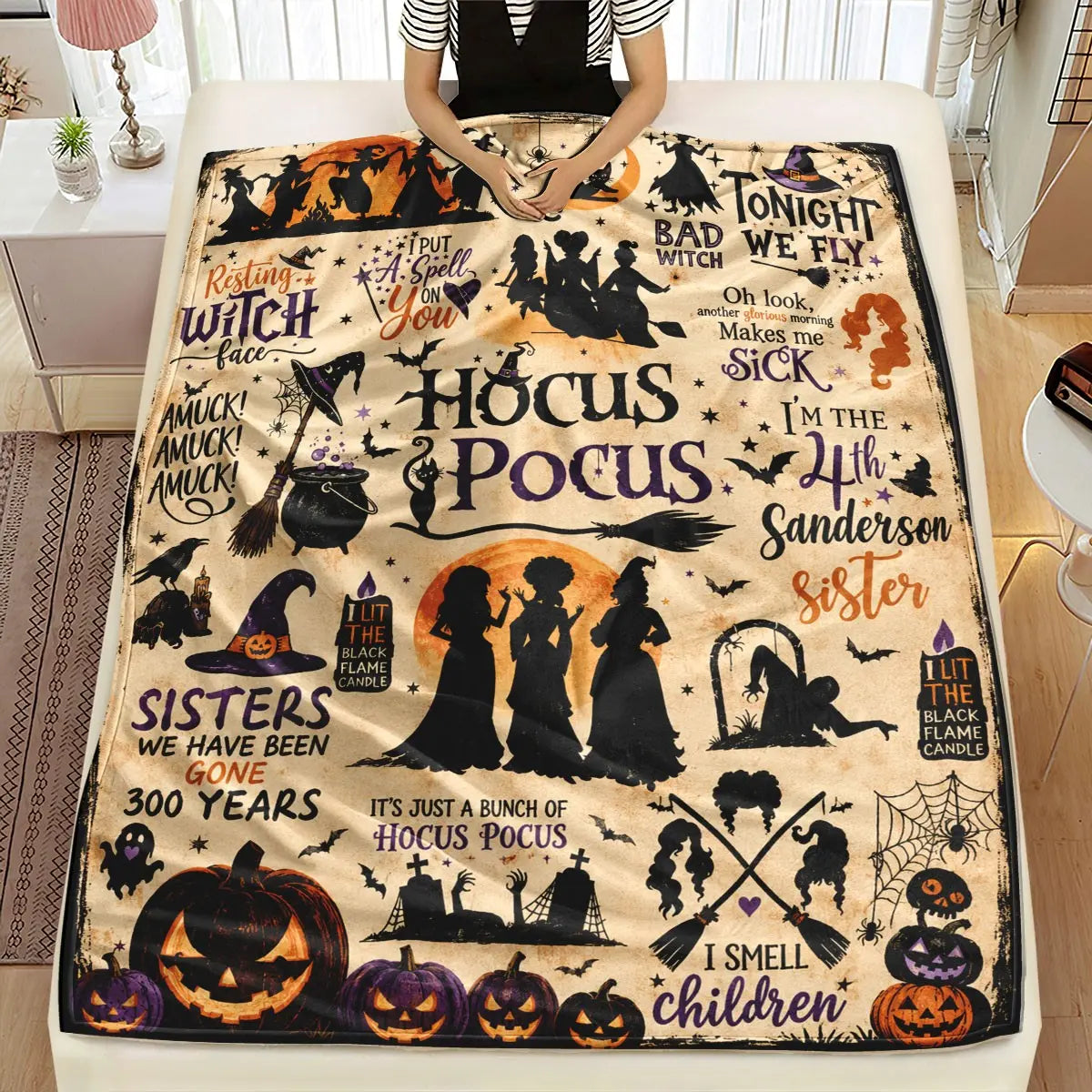 Comfortable Halloween Three Witches & Pumpkin Print Flannel Blanket, Soft Warm Anti-Pilling Cozy Throw, Ideal Fall & Winter Gift, Fall Blankets - View 5