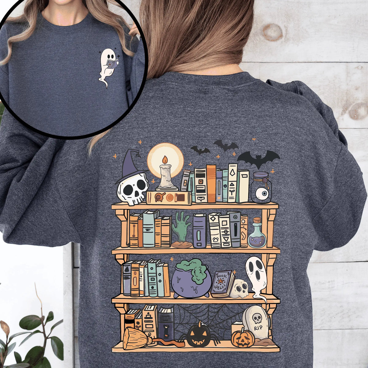Reading Ghost, Halloween, Library, Spooky, Front and Back, Teacher, Boo, Cute Sweatshirt - View 5