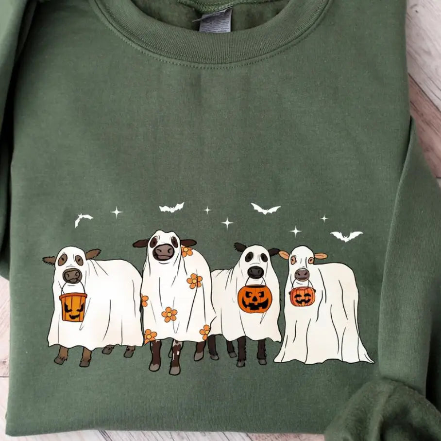 Ghost Cows Halloween Crewneck - Sweatshirt - Hoodie, Gildan Sweatshirt, Full Color, For Men, For Women, Casual, Classic Fashion, Full Sizes, Tee Print Womenswear Tops - View 2