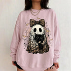Leopard Ghost Cat Halloween Sweatshirt, Cute Spooky Black Cat Graphic Shirt, Coquette Bow Ghost Fall Outfit