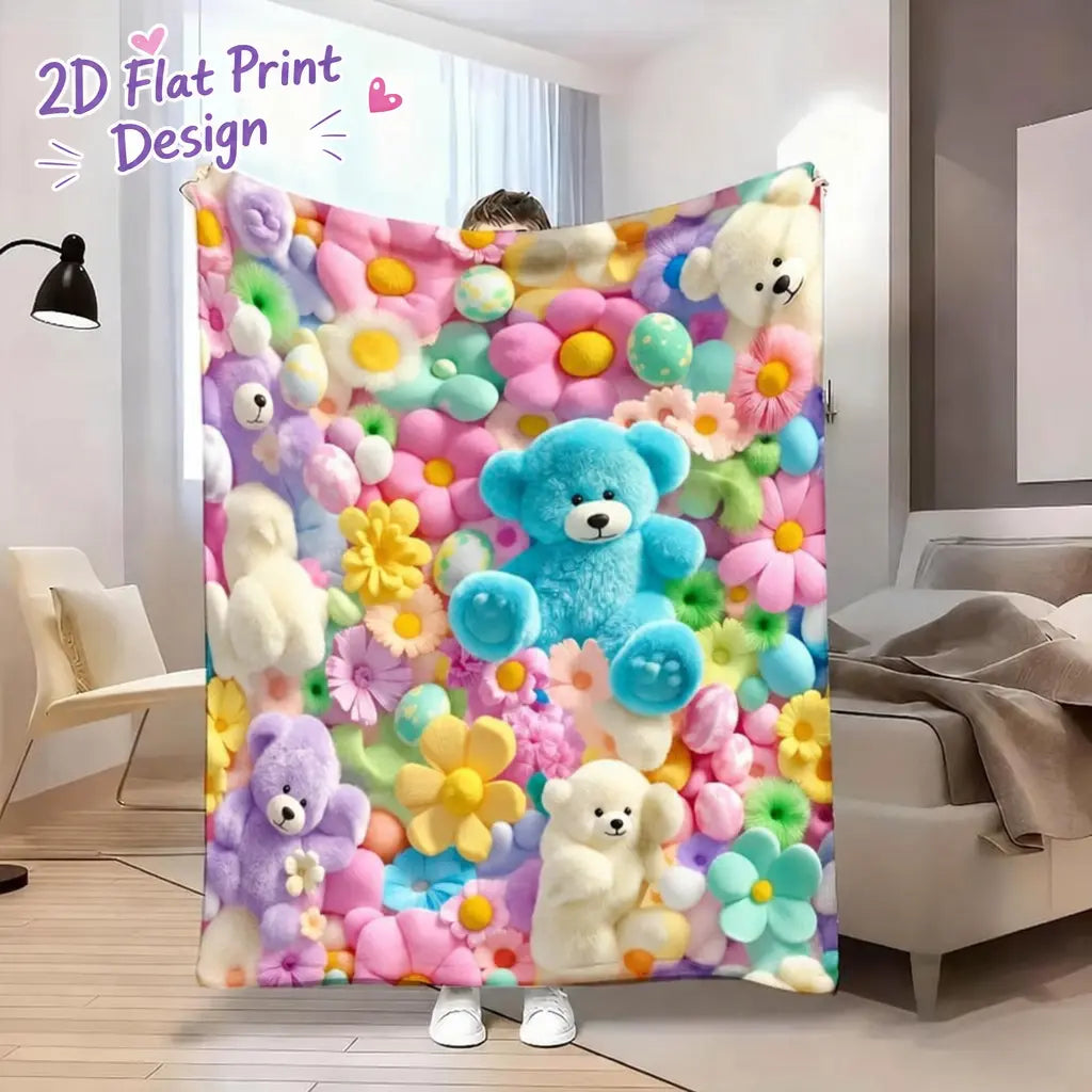 2D Teddy Pastel Floral Print Throw Blanket - Kawaii Plush Super Soft Cozy Aesthetic Throw for Bedroom Room Decor, Whimsical Home Decor Item, Cool Gift for Kids - View 1