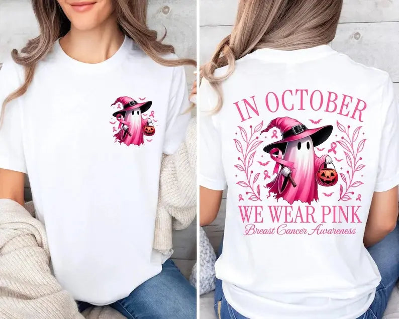 In October We Wear Pink Ghost Shirt, Halloween in October We Wear Pink, Breast Cancer Awareness Shirt,  Pink Ribbon Shirt, Wear Pink Pumpkin PGS0018
