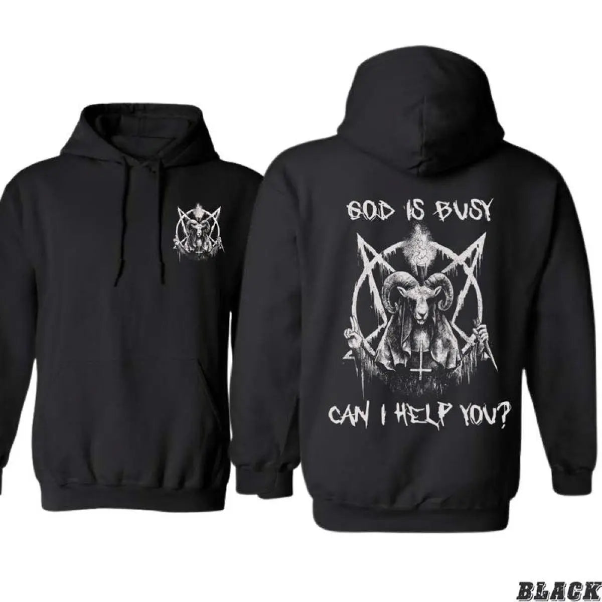 Men's Long Sleeve Unisex Dark Satanic Soft Ghost Fabric Hoodie - Print Graphic, "God Is Busy Can I Help You?" Design, Evil Goat Skull, Gothic Punk Metal Top, Occult Halloween Party Thanksgiving Edgy Pullover Sweatshirt