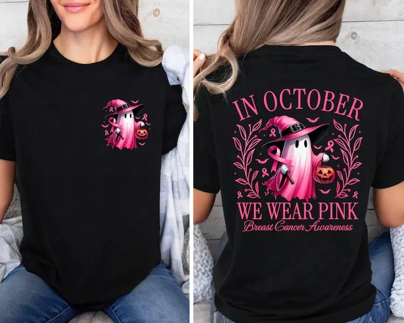 In October We Wear Pink Ghost Shirt, Halloween in October We Wear Pink, Breast Cancer Awareness Shirt,  Pink Ribbon Shirt, Wear Pink Pumpkin PGS0018