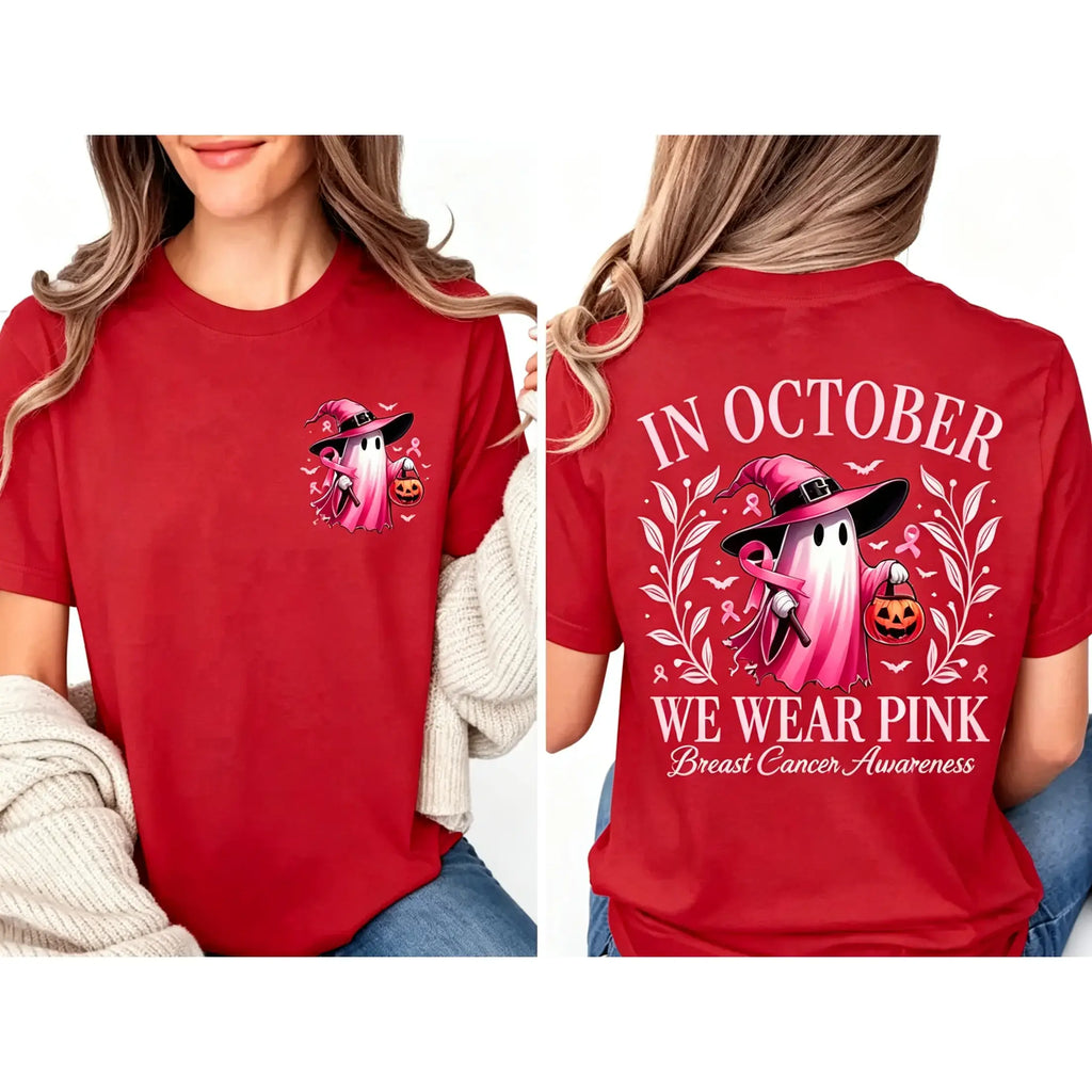 In October We Wear Pink Ghost Shirt, Halloween in October We Wear Pink, Breast Cancer Awareness Shirt,  Pink Ribbon Shirt, Wear Pink Pumpkin PGS0018