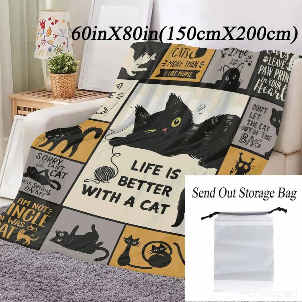Flannel Throw Blanket - Halloween Animal Graphic Blanket, Super Soft Warm Lightweight Wrinkle Resistant, Whimsical Cartoon Paw Print Kitty Design, Spooky Animal Inspired Home Decor for Cozy Setup, Ideal Gift for Cat Owners, Anti-Pilling Flannel - View 2