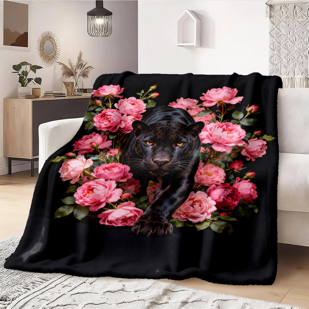Black Panther & Pink Peony Artistic Flannel Fleece Throw Blanket - Ultra Soft, HD Print Floral Animal Design, Non-Shedding, Warm, Lightweight, Cozy for Sofa, Bed or Reading Nook, Home Decor Unique Gift, Cozy Throw Blanket - View 2