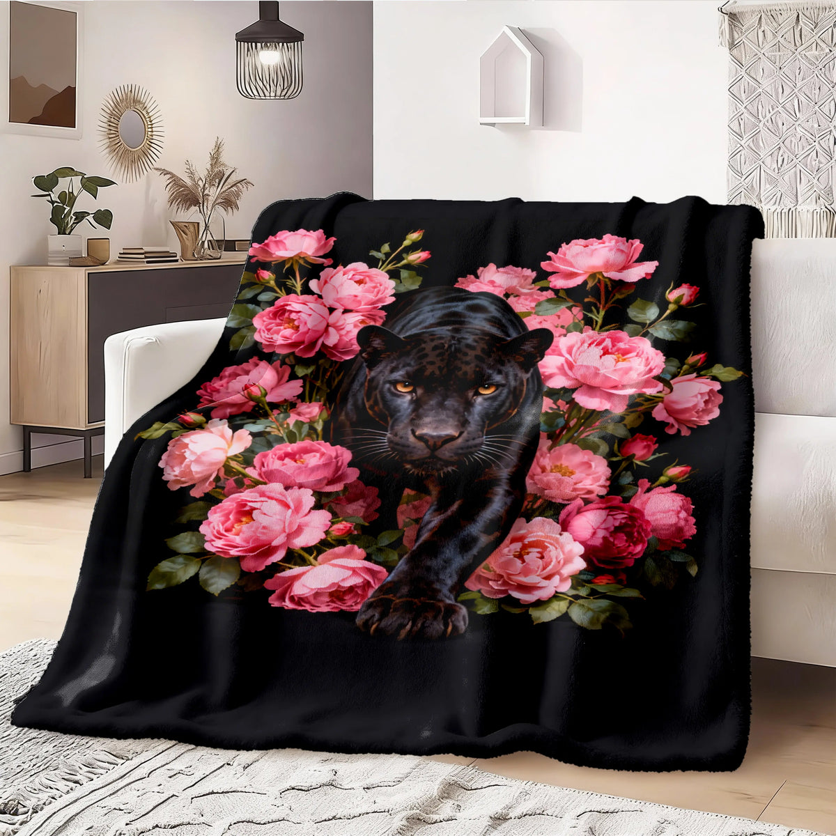 Black Panther & Pink Peony Artistic Flannel Fleece Throw Blanket - Ultra Soft, HD Print Floral Animal Design, Non-Shedding, Warm, Lightweight, Cozy for Sofa, Bed or Reading Nook, Home Decor Unique Gift, Cozy Throw Blanket - View 2