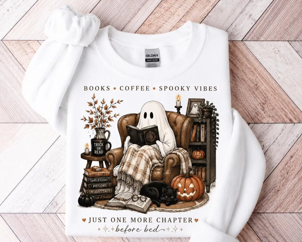 Cozy Ghost Reading T-Shirt or Sweatshirt with Books & Coffee