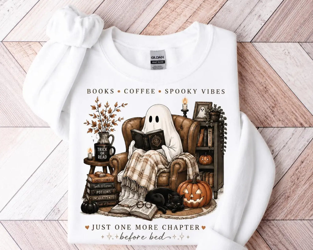 Cozy Ghost Reading Gildan Sweatshirt or T-Shirt, Book Lover Coffee Spooky Vibes Shirt, Cute Halloween Reader Fall Graphic Tee - View 4