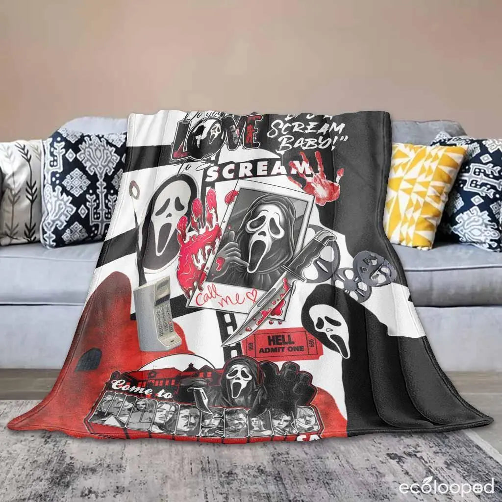 Scream Movie Ghostface Killer Graphic Flannel Blanket - UltraSoft, Anti-Pilling, Compact Size for Travel, Folds Flat Saves Space, Halloween Decor, Spooky Gift Idea, Scream Graphic Sparks Chills - View 4