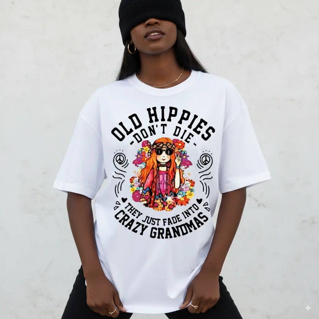 Hippie Graphic T-Shirt for Women in 100% Cotton, Casual Top with Floral Print, Peace Sign and 'Old Hippies Are Not Dead' Slogan, Women's Clothes, Alternative Style, Easy Tee For Daily Wear, Unisex Classic Fit