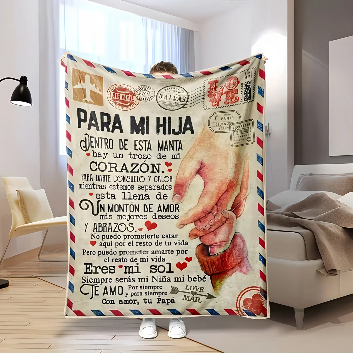 A Spanish letter: papa gives a blanket to his daughter, papa & mama give Birthday gift for son & daughter. A soft and comfortable flannel blanket, perfect for various occasions, a Valentine's Day gift.Easter Gifts for Kids