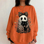 Leopard Ghost Cat Halloween Sweatshirt, Cute Spooky Black Cat Graphic Shirt, Coquette Bow Ghost Fall Outfit