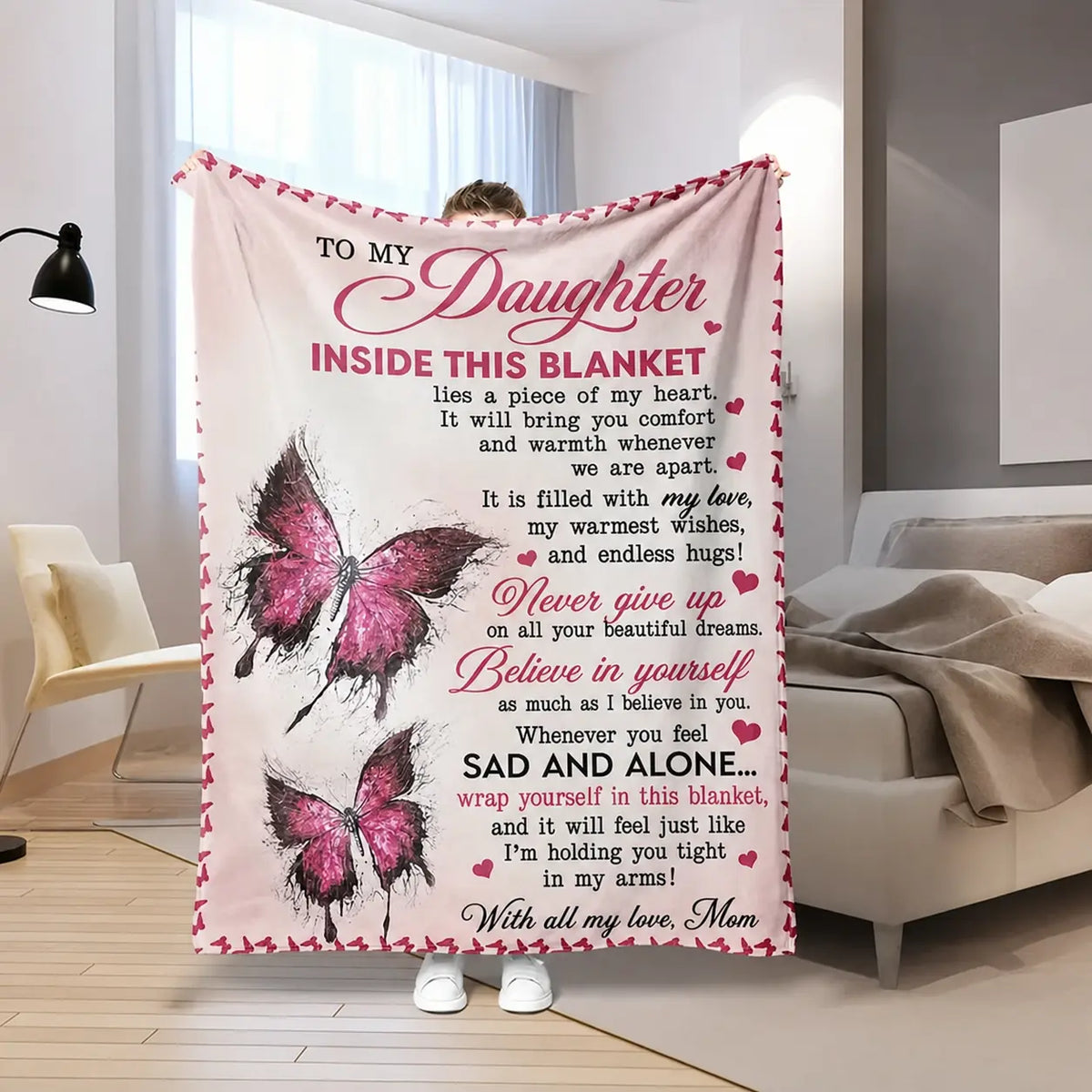 Mama&Papa Inspirational Blanket for Daughters&Son-the perfect graduation gift, birthday present, back-to-school gift, or Christmas present. Features pink butterfly embellishments and makes a lovely addition to your daughter’s bedroom. - View 24