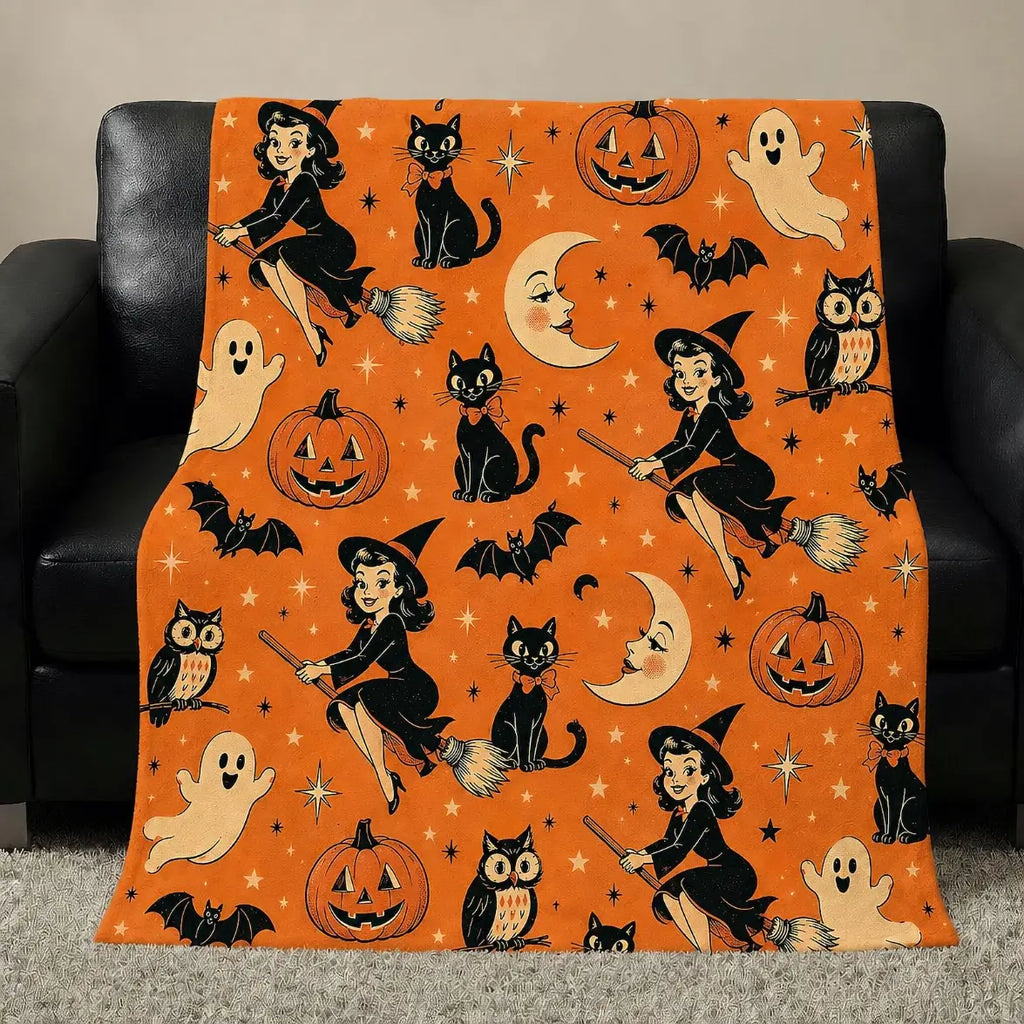 Halloween Witch Flannel Blanket, Retro 60s Flannel Throw Blanket, Soft Cozy Plush for Bed Sofa, Spooky Fall Room Decor, Christmas Gift - View 2