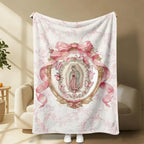 Our Lady of Guadalupe Pink Bow Frame Art Flannel Blanket - Super Soft Warm Wrinkle Resistant Polyester Throw with Colorful Cute Sloth Design, Comfy Vibes Cozy Style - Ideal for Bed, Sofa - Unique Gifts for Women - View 1
