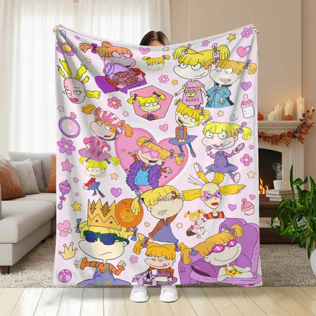 Cartoon Girl Flannel Blanket - Anti-Pilling Flannel Fabric, Retro 90s Pink Hearts Floral Pattern, Soft Cozy Lightweight, Multi-Size, Home/Dorm Indoor/Outdoor Use, Gift for Teens - View 1