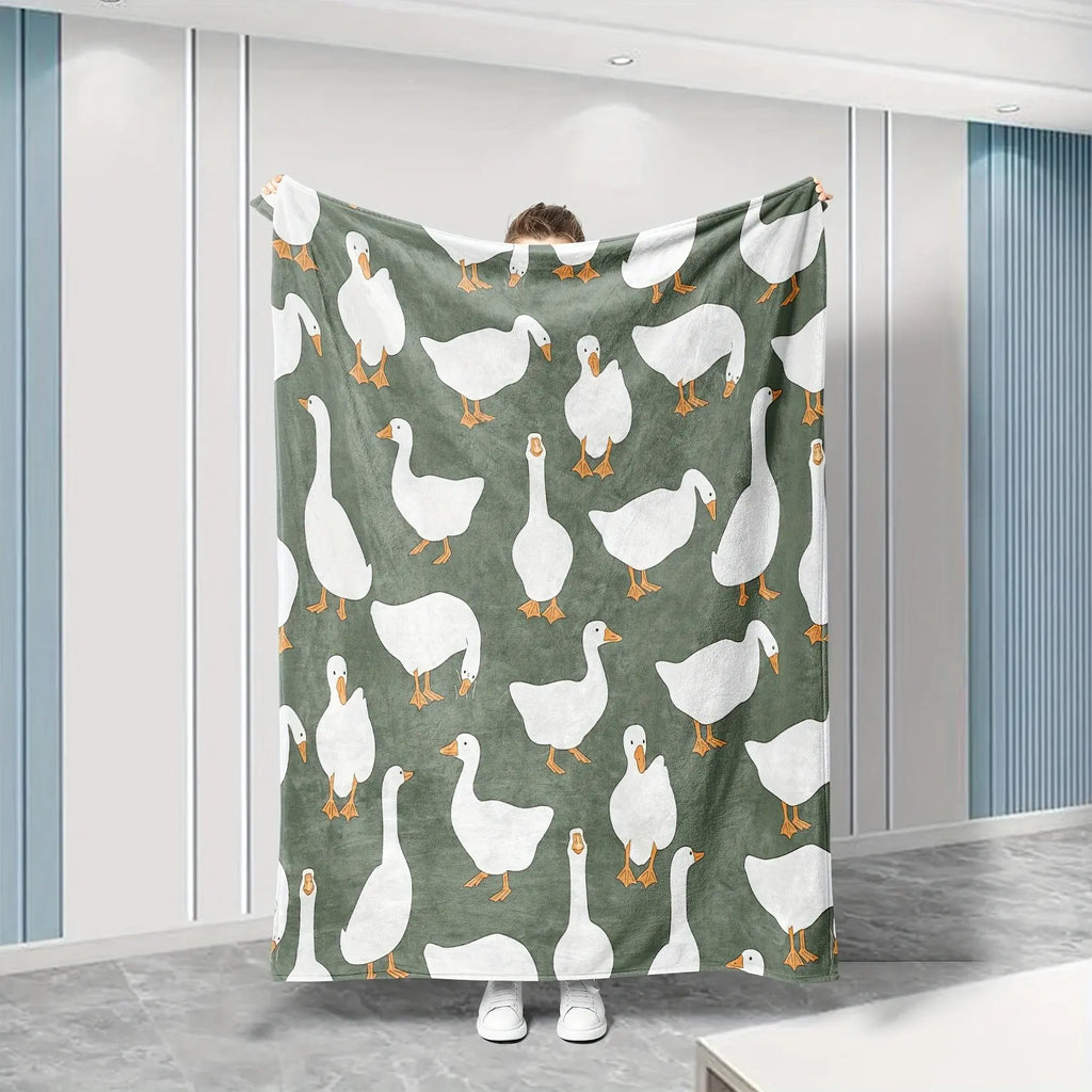 Sage Green Plush Flannel Fabric Decorative Throw Blanket - Cute White Goose Bird Motifs, Soft Cozy Warm Fuzzy Animal-Themed Blanket, Multi-Size for Bedroom Sofa, Ideal Gift for Home Decor Enthusiasts - View 1