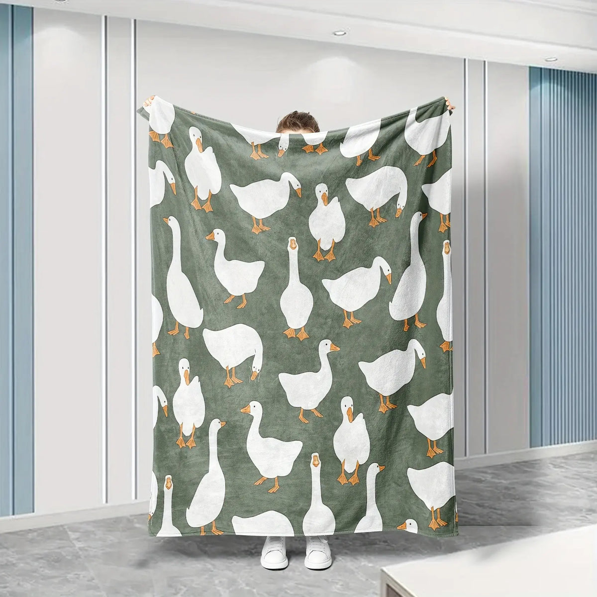Sage Green Plush Flannel Fabric Decorative Throw Blanket - Cute White Goose Bird Motifs, Soft Cozy Warm Fuzzy Animal-Themed Blanket, Multi-Size for Bedroom Sofa, Ideal Gift for Home Decor Enthusiasts - View 1