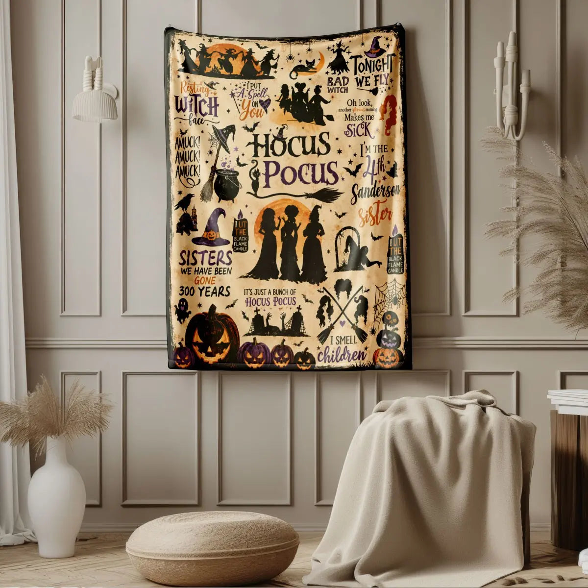 Comfortable Halloween Three Witches & Pumpkin Print Flannel Blanket, Soft Warm Anti-Pilling Cozy Throw, Ideal Fall & Winter Gift, Fall Blankets - View 9