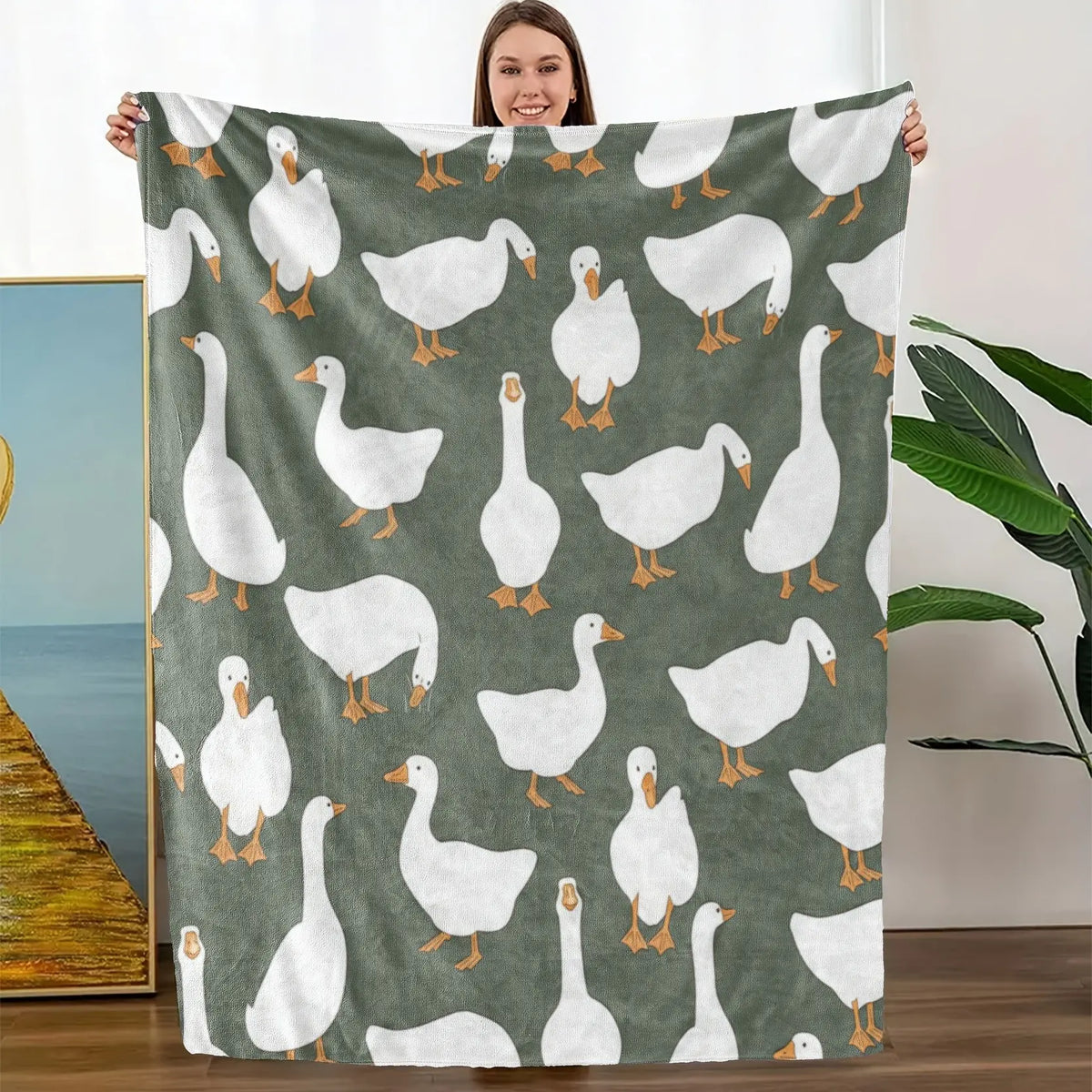 Sage Green Plush Flannel Fabric Decorative Throw Blanket - Cute White Goose Bird Motifs, Soft Cozy Warm Fuzzy Animal-Themed Blanket, Multi-Size for Bedroom Sofa, Ideal Gift for Home Decor Enthusiasts - View 3