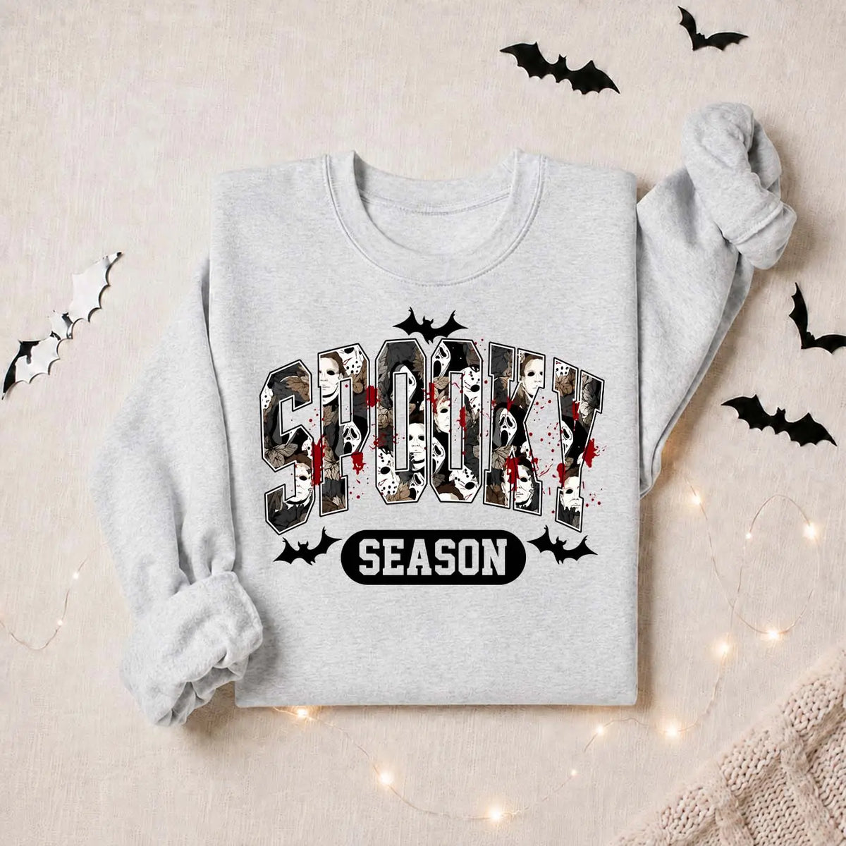 Women’s Spooky Season Graphic Sweatshirt, Horror Mask Collage Crewneck Pullover, Halloween Bat Print Long Sleeve Fall Top, Cozy Casual Autumn Shirt for Haunted House Nights, Halloween Parties, Weekend Wear & Seasonal Outfits