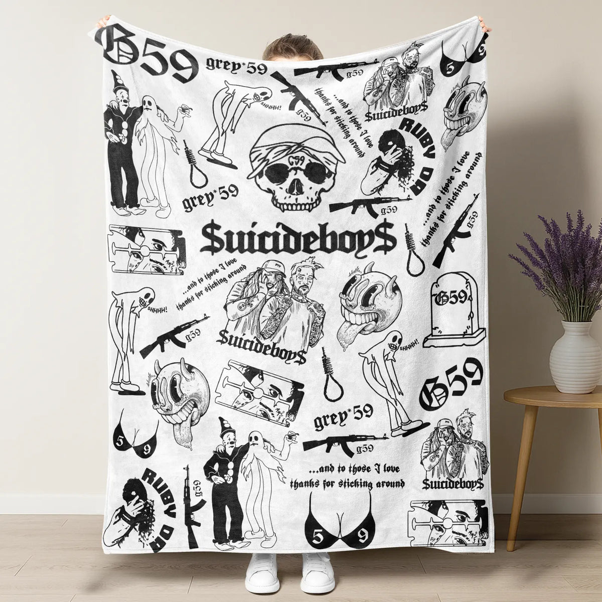 Retro Punk Full Wrap Print Blanket, Premium Soft Fleece Pink Black Horror Skull & Clown Art Blanket Versatile For Sofa Nap Camping And Fan Collectible Present - View 7