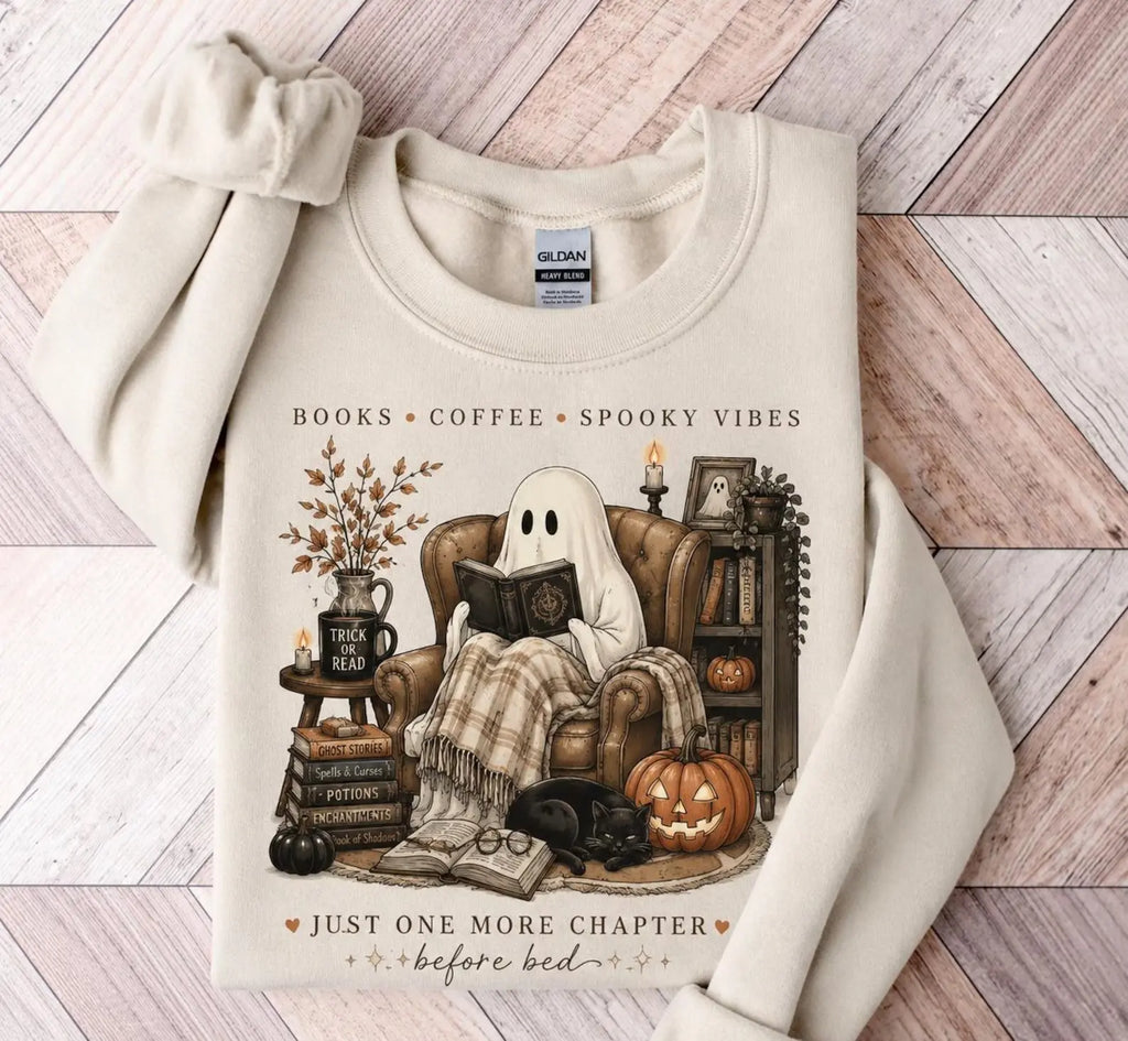 Cozy Ghost Reading Gildan Sweatshirt or T-Shirt, Book Lover Coffee Spooky Vibes Shirt, Cute Halloween Reader Fall Graphic Tee - View 1