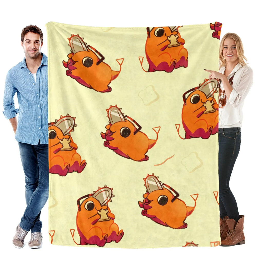 Chainsaw Man Pochita Cute Pattern Flannel Blanket Light Yellow with Adorable Pochita Eating Toast Repeated in Playful Design for Fans - View 3