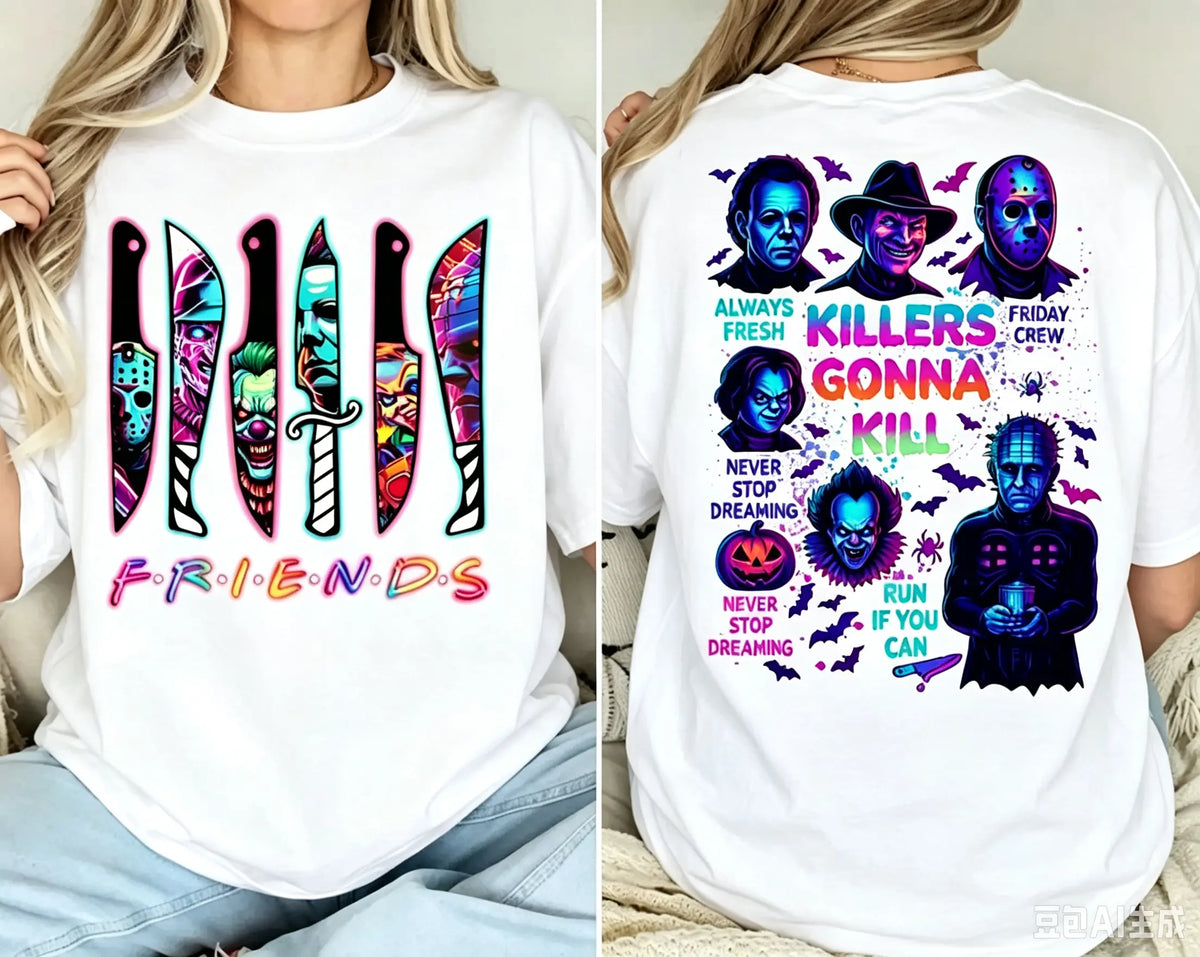 Halloween Horror T-shirt, Spooky Neon T-shirt, Horror Characters Halloween Gift, Horror Movie T-shirt, Spooky Season Shirt - View 2