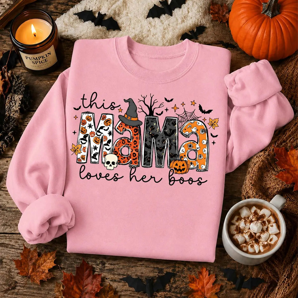 Women’s Halloween Mama Graphic Sweatshirt, Cute Pumpkin Bat & Witch Hat Crewneck Pullover, Cozy Long Sleeve Fall Top for Moms, Fun Spooky Season Shirt for Halloween Parties, Trick or Treat Nights, Weekend Wear & Autumn Gifts - View 4